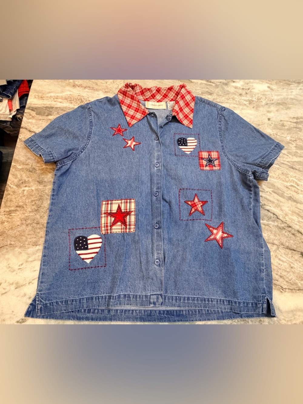 Lemon Grass Patriotic Denim Shirt Large Americana Patchwork Stars USA Button Up